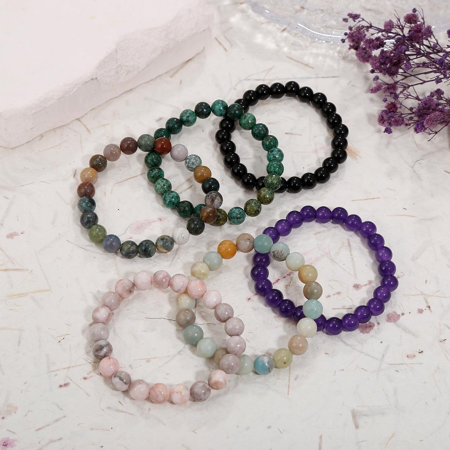 COLOYAN 6PCS 8mm Healing Stone Beaded Bracelet for Women Men, Natural Stretch Crystal Bracelets, Semi-Precious Gemstones Reiki Spiritual Jewelry
