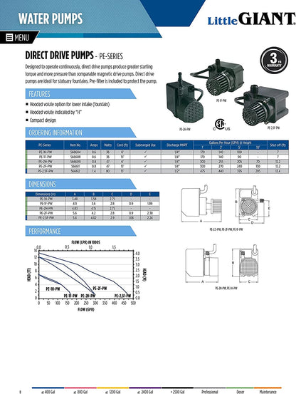 Little Giant PE-2H-PW 115 Volt, 1/40 HP, 300 GPH Epoxy Encapsulated Direct Drive Submersible Pump with 6-Ft. Cord and Flow Control Valve, Black, 566609