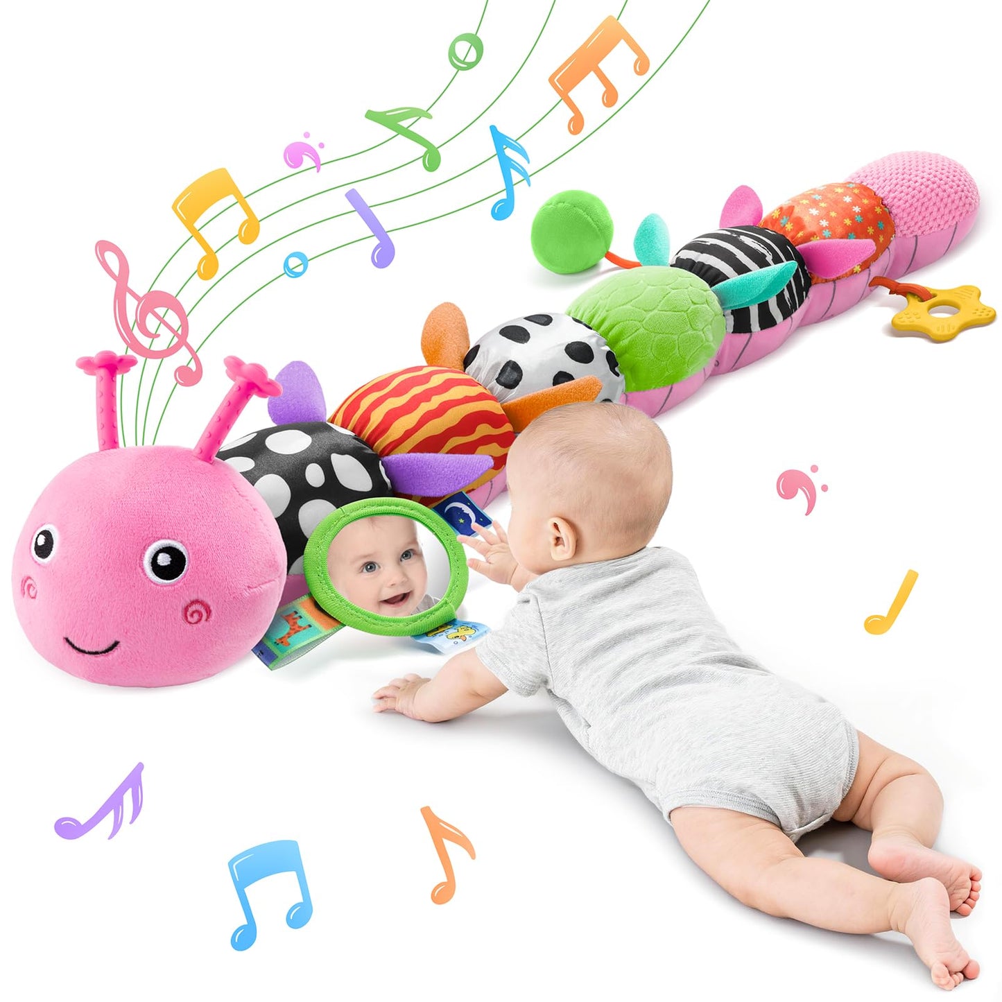 Tummy Time Baby Toys Sensory Musical Animal Stuffed Car Seat Toy for Infant 0-3-6-12 Months Newborn, Plush Caterpillar with Mirror,Crinkle,Rattle Teething Toys for Baby Boys Girls Shower Gifts, Pink