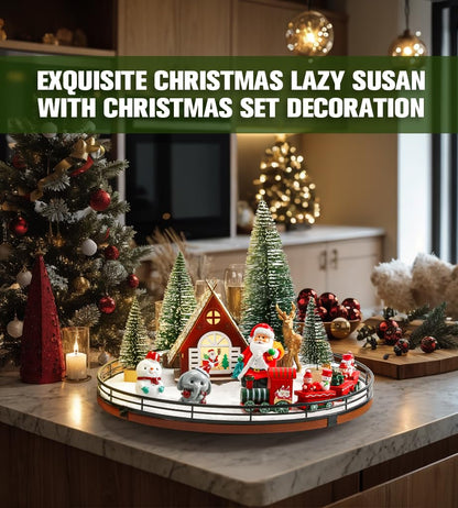 AMH 12 PCS Christmas Table Decorations Set with Oak Rotating Base – Xmas Town Village Centerpiece with Santa, Train, House, Trees & Figurines, Tabletop Decorations for Holiday Dining & Coffee Tables