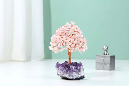 Jovivi Natural Rose Quartz Healing Crystal Money Tree on Amethyst Cluster Geode Druzy Base Feng Shui Crystals for Home Office Desk Decorations, Wealth, Good Luck