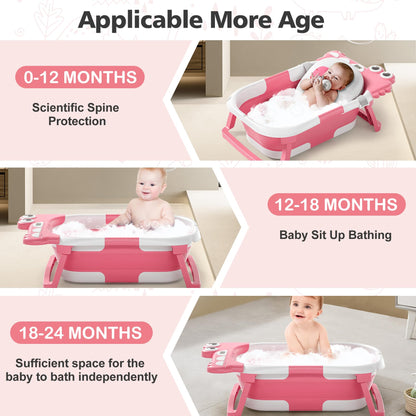 Collapsible Baby Bathtub for Newborn, Foldable Baby Bath Tub with Thermometer & Soft Floating Cushion & Drain Hole, Portable Travel Infant Bath Tubs for Newborns to Toddler 0-36 Months Girl, Pink