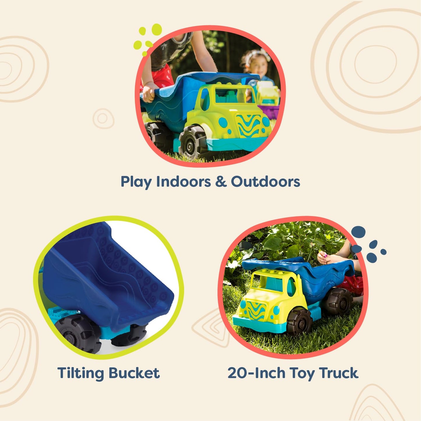 B. toys – Colossal Cruiser 20-Inch Sand Truck Water & Sand Playset – Beach Dump Truck for Kids Durable – Outdoor Toy Vehicle with Realistic Design Perfect for Beach Fun and Creative Play 18+ Months