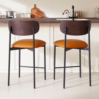 GrandNoor Modern Bar Stools Set of 2, 24 Inch Upholstered Brown Faux Leather Counter Height Stools with Curved Backrest & Metal Legs, Wood Grain Back Bar Chairs for Kitchen Island