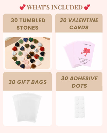 QianCannaor Pocket Hug Bulk Heart Stones - 30 Sets Natural Healing Gemstones with Greeting Cards - Bulk Valentines Day Gifts for Adults, Ladies, College Students, Friends - Thinking of You Anxiety Relief Keepsake