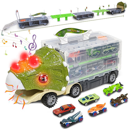 Dinosaur Toys for Kids 3-5,61 Inch Foldable Dinosaur Truck with 6 Dinosaur Cars,Dinosaur Truck Race Track with Lights & Sounds,Dinosaur Cars Set Birthday Gifts Toys for 3 4 5+ Year Old Boy and Girl
