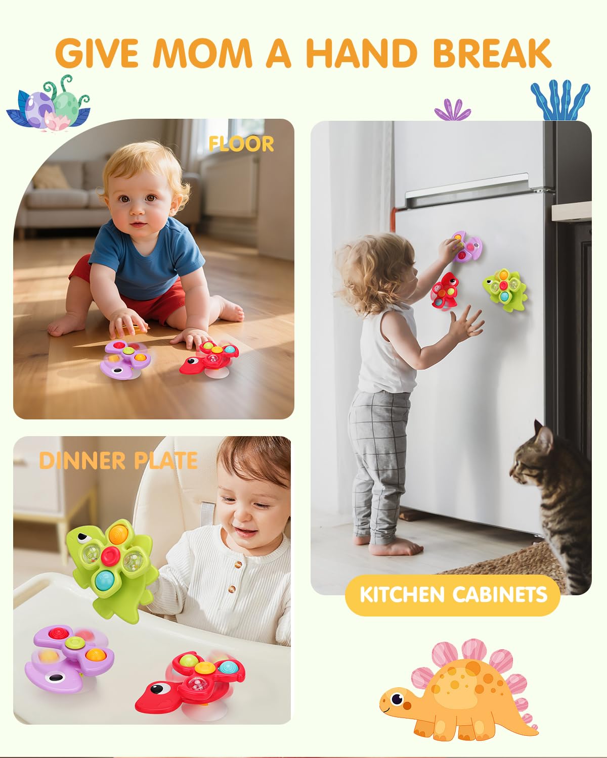 Givzan 3PCS Dinosaur Suction Cup Toys for 1 Year Old Boys Girls | Sensory Baby Bath Toys for Toddlers 1-3 | Infant Travel & Window Toys | Birthday