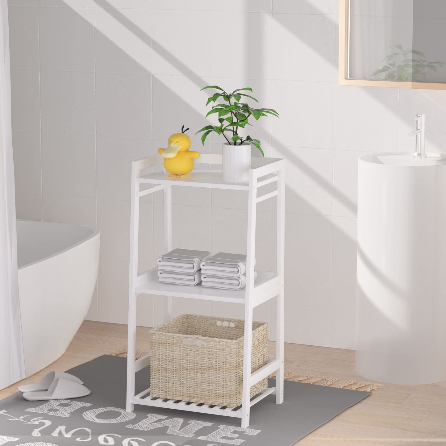 POXAKA 3 Tier Bamboo Bathroom Shelves, Ladder Shelf for Storage, Rustic Home Organizer, Space-Saving Design, Stylish Display Nightstand, Stylish Storage Solution for Home, Living Room, Kitchen
