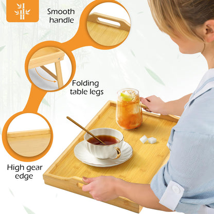 2 Pack Bamboo Bed Tray Table, Folding Legs and Handles, Breakfast Tray, Laptop Desk for Bed or Sofa, Serving Tray for Eating, Working, Reading,Picnic