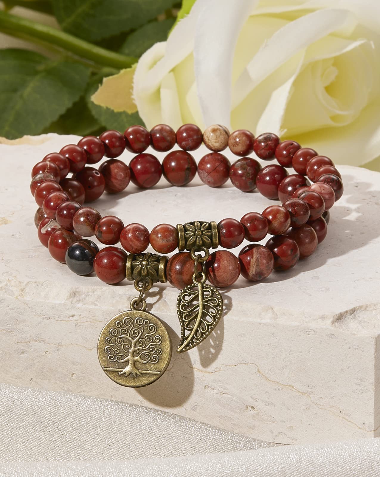 Bivei Red Jasper Beaded Bracelets Root Chakra Natural Crystal Gold Life Tree and Leaf Charm Quartz Energy Bracelet Set Semi-Precious Gemstone Stretch Bracelets for Women Calming Anxiety