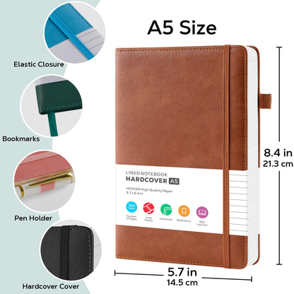 Lined Journal Notebook, A5 (5.7'' x 8.4"), 2 Pack Journaling Notebooks for Women Men Writing Work, Leather Hardcover, 160 Pages per Note Book, 100GSM Thick Paper, School Office Supplies, Black & Brown