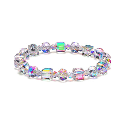 HANGINTHERE Aurora Crystal Bracelet for Women ,7 Inch Stretchy Iridescent Bracelet with 8mm Aurora Borealis Beads,Gift for Girlfriend Best Friends Mom Wife, Birthday Valentine‘s Present with Velvet Pouch