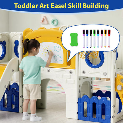 Arlopu 10-in-1 Large Toddler Slide Set, Kids Slide Climber Playset with Drawing Board, Basketball Hoop, Sturdy Baby Playground, Indoor Outdoor Playhouse for Boys and Girls Upgraded (Yellow & Blue)