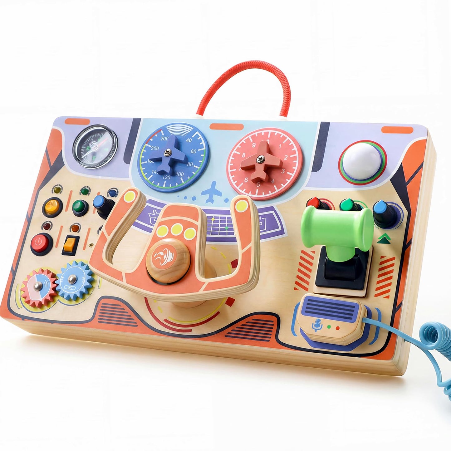 Teekdeer Montessori Busy Board for Toddlers 2-4,Wooden Sensory Steering Wheel Toys with LED Light Switch,Travel Toy Educational Fidget Activity Board for Boys and Girls Gift