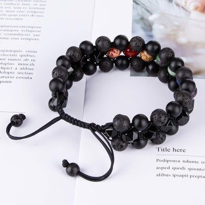 8mm Natural Lava Rock Stone Bracelets for Men, Healing Crystal Essential Oil Diffuser Beads Bracelet Chakra Yoga Energy Anxiety Gemstone Bracelet - 3 Layer