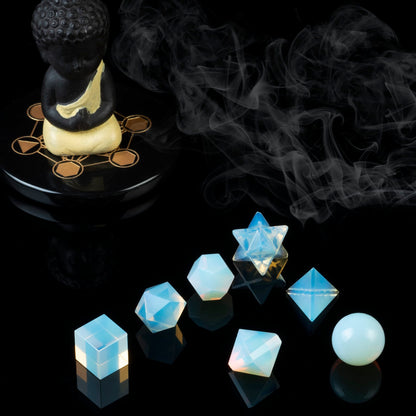 Crocon Opalite 7Pcs Platonic Solids Crystal Geometry Set, Platonic Solids Sacred Geometric Stones for Meditation Reiki Balancing Healing Chakra Stone Cleansing Spiritual Good Luck (15-20 mm)