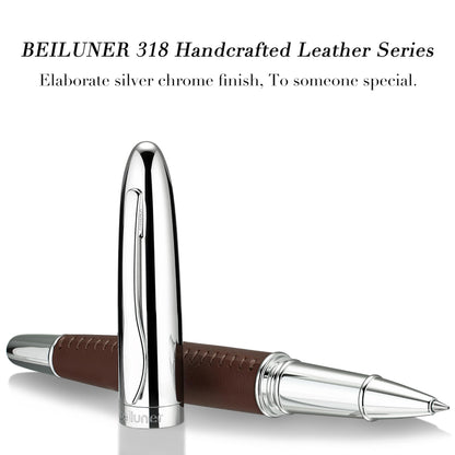 BEILUNER 318 Luxury Leather Pen, Hand-Stitched Premium Leather, Chrome-Plated Finish, Schmidt Ink Refill, Fancy Rollerball Pen Gift Set for Men & Women, Executive Writing, Nice Designer pen