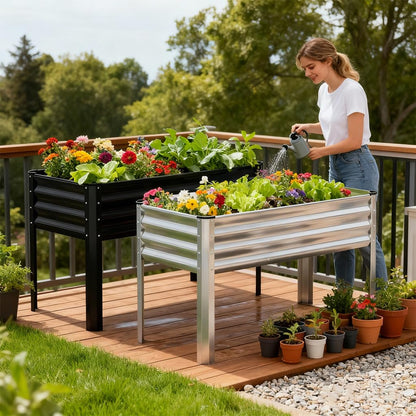 COMHOMA 2 Pack Raised Garden Bed with Legs 4x2x2.5ft,Large Elevated Galvanized Metal Planter Box with Drainage Holes,Outdoor Growing Kit with Gloves Tools for Backyard Patio Lawn,Sliver