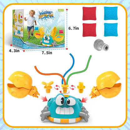 Water Sprinkler for Kids, 2-in-1 Crab Sprinkler with 3 Spray Patterns & 4 Bean Bags for Toss Game, Attaches to Garden Hose, Summer Backyard Lawn Outdoor Water Toy for Boys & Girls Ages 3–8