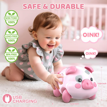 Baby Musical Toys for 6-12-18 Months, Musical Piggy Toys for Toddler 1 Year Old Baby Girl, Infant Crawling Light up Music Toys for Tummy Time Development, 1st Birthday Gift for Boy 7 8 9 10+ Month