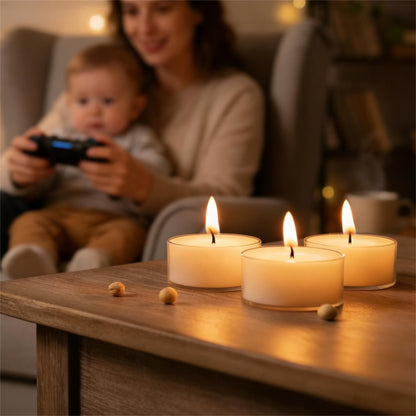 Soy Wax Tealight Candles 25Packs, 4 Hour Long Burning, Unscented White Smokeless Candles, Non-Toxic Paraffin-Free Clear Acrylic Cup Tea Lights for Weddings, Home, Emergencies & Dinner