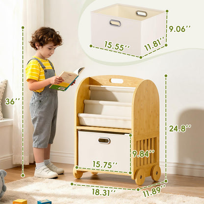 EZ2LIVE 2-Sided, 3-Tier Bamboo Kids Bookshelf, Montessori Shelf with Safe Wheels and Large Storage Drawer, Toddler Bookcase Nursery Book Shelves and Toy Storage for Baby Rooms Playroom Kindergarten