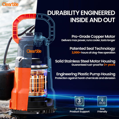 Cleartide Submersible Sump Pump with Tethered Float Switch, 1/4 HP Utility Water Pump,100% Copper Motor, Electric Drain Pump Handles 1/8" Solids, 10 FT Cord