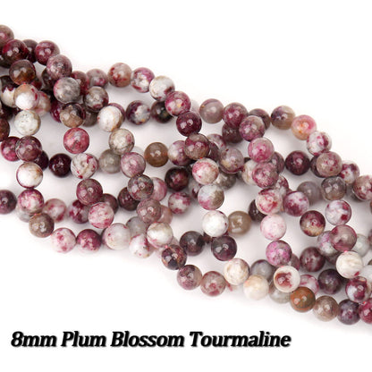 70PCS Natural 8MM Healing Gemstone, Plum Blossom Tourmaline Energy Stone Round Loose Beads, Semi-Precious Crystal Beads with Free Elastic String for Jewelry Making DIY