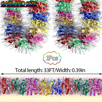 33Ft Christmas Tinsel Garland Shiny Thick Tinsel Decor Xmas Tree Decorations Metallic Twist Foil Garland for Birthday Teachers' Day New Year Parties Indoor Outdoor Party Supplies - Colourful 1