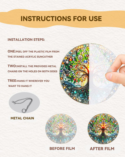 Stained Acrylic Window Handing-Life Tree Suncatcher for Window Doors,Home Decoration,Christmas,Thanksgiving Day,Mother's Day Birthday Gift for Women,Men,and Mom(7.8In)