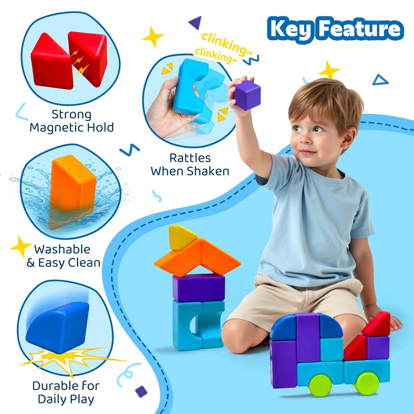 Pairez Toys Magnetic Blocks, Large 1.65 inch Magnetic Cubes for Kids, 3D Multi-Shape Building Blocks, Preschool Educational Building Kit, Montessori Sensory Toys for Toddlers 3-5 (19pcs)
