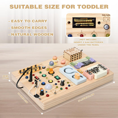Joyreal Wooden Busy Board Montessori Toys for Toddlers, Sensory Activity Board with LED Lights, Music Box & Locks, Educational Learning Toy Gifts for Boys and Girls