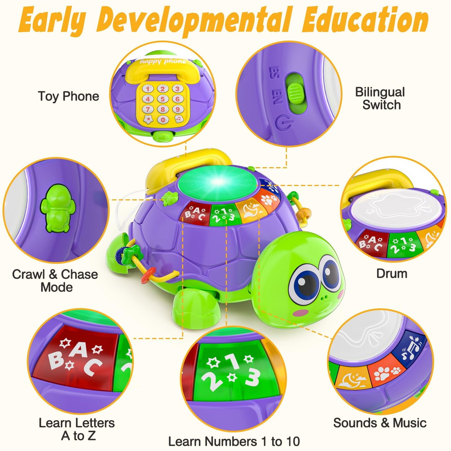 INNOSKY Baby Toys 6-12 Months, Musical Turtle Crawling Tummy Time Development Light up Infant Toys 12-18 Months, Bilingual Educational Boy Girl Gifts Toy for 3-6 4 5 7 8 9-12 Month