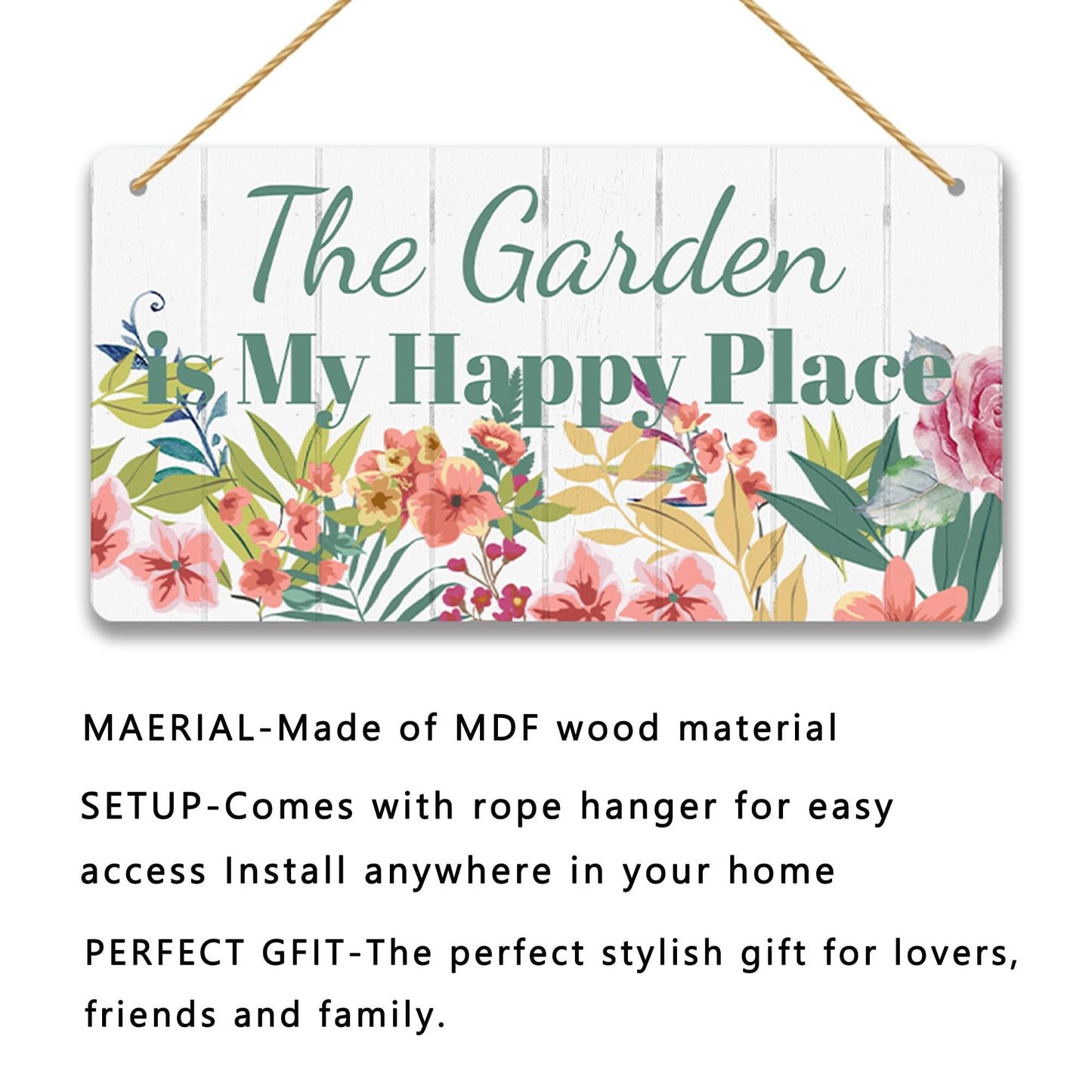 Garden Decor Sign - The Garden is My Happy Place Wood Sign, Outdoor Decor Art for Yard & Patio, Inspirational Gardening Gift for Women & Men, 6x12 Inches