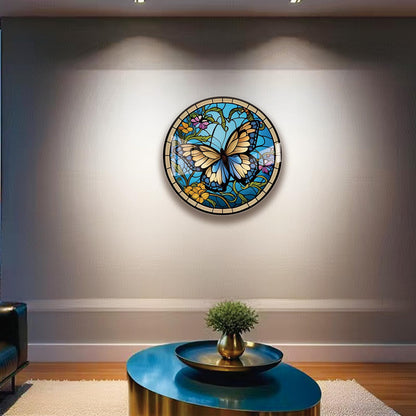LMSDYSHU Butterflies and Mosaic,Tempered Glass Wall Art,unframed，Easy to clean,18"（45.72cm） Diameter (blue)