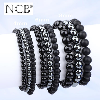 NCB 3-Piece 4mm Natural Crystal Gemstone Stretch Bracelets – ﻿Black Onyx, Hematite, Matte Black Agate Handmade Reiki Energy Healing Jewelry for Meditation,Yoga, Unisex