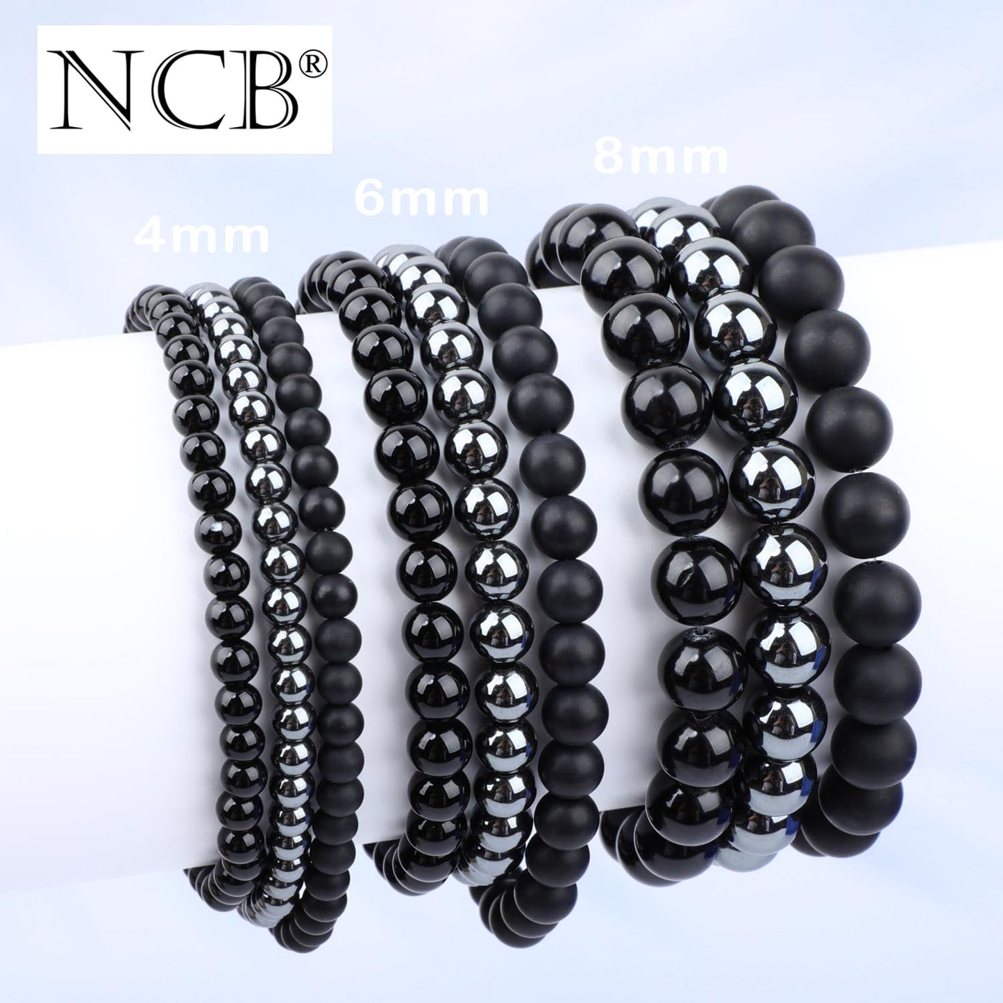 NCB 3-Piece 6mm Natural Crystal Gemstone Stretch Bracelets – ﻿Black Onyx, Hematite, Matte Black Agate Handmade Reiki Energy Healing Jewelry for Meditation,Yoga, Unisex