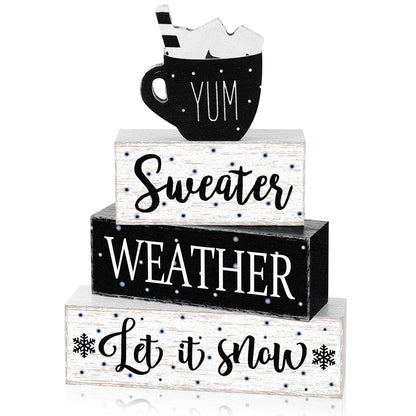 Marsui 4 Pcs Winter Wooden Tabletop Decor Rustic Hot Cocoa Block Sign Gift Farmhouse Christmas Tiered Tray Centerpiece Winter Decor for Home Office Desk Shelf Mantel