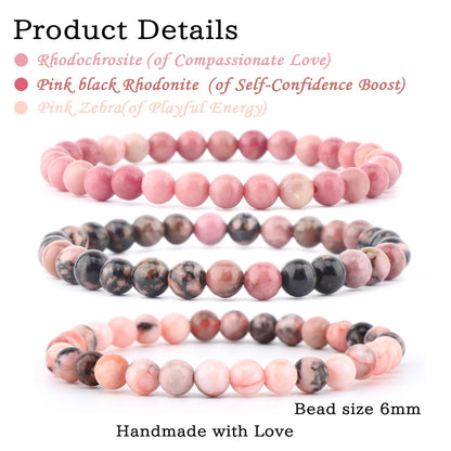 CMBYN 3-Pieces 6mm Natural Crystal Gemstone – ﻿Rhodochrosite, Pink Zebra, Pink Black Rhodonite Handmade Reiki Energy Healing Stretch Bracelets Jewelry for Yoga, Meditation, Unisex