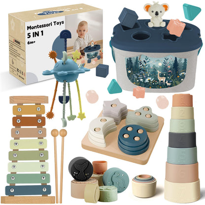 Montessori Toys for 6-12 Months, Baby Toys 6-12-18 Months with Baby Blocks Cup Toys, Pull String Toys, Shape Sorting Baby Development Toys for 6-24 Months Girls Boys Birthday Chiristmas Gifts
