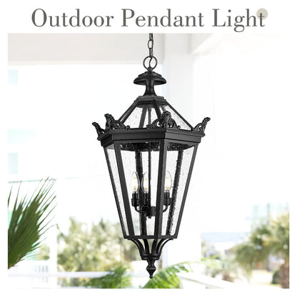 Emliviar 32 Inch Outdoor Front Door Hanging Light, Farmhouse Exterior Pendant Lantern Waterproof Ceiling Mount with Seeded Glass, Black Finish, XE283H BK