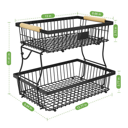 Astrorhine 2 Tier Fruit Basket for Kitchen Counter with 2 Banana Hangers, Countertop Metal Bread Basket with Wooden Handle, Large Storage Stand for Vegetables, Snacks, Eggs, Produce Storage – Black