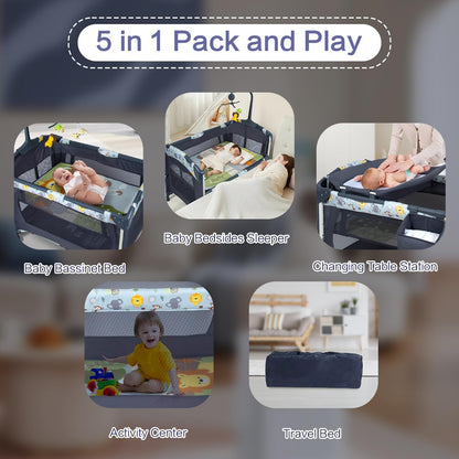 5-in-1 Baby Bassinet Bedside Crib, Pack and Play Long Next to Parents Bed Crib with Toys & Music Box, Mattress, Foldable Playard, Playpen Travel Bed Nursery Center for Girl Boy Infant Newborn