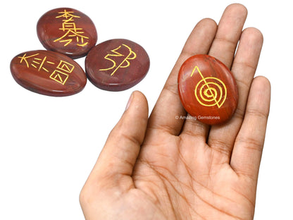 Amazing Gemstone Red Jasper Crystal Reiki Stones with Engraved Symbols for Usui Reiki Healing, Set of 4 Pcs (Indian Handmade Reiki Gift Set)