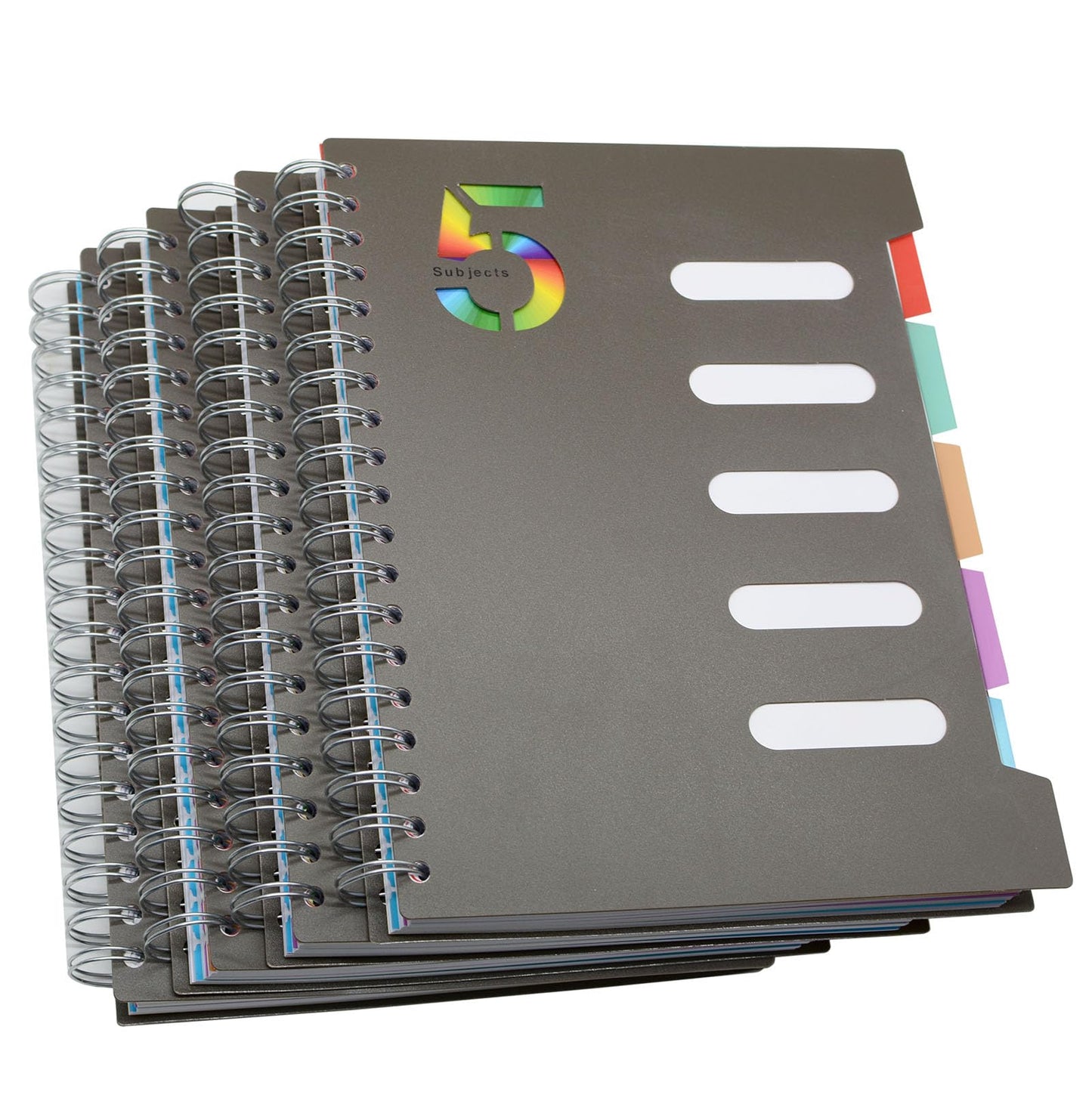 5 Subject Notebook, 4 Pcs 10 Inch x 7 Inch B5 Black Spiral Notebook With Waterproof Plastic Softcover, 300 Pages 80 Gsm College Ruled Papers With 5 Sheets Colorful Movable Dividers (4 Pcs Black)