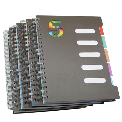 5 Subject Notebook, 4 Pcs 10 Inch x 7 Inch B5 Black Spiral Notebook With Waterproof Plastic Softcover, 300 Pages 80 Gsm College Ruled Papers With 5 Sheets Colorful Movable Dividers (4 Pcs Black)