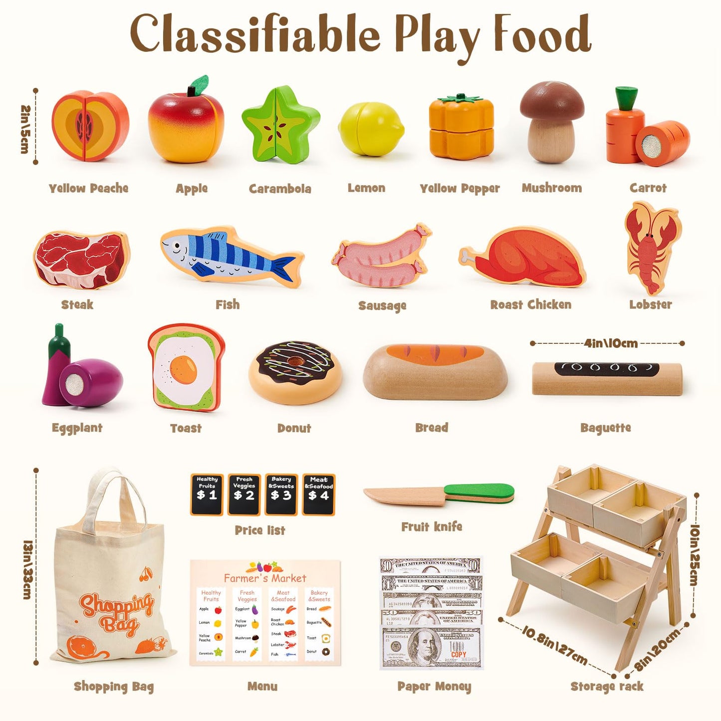 Toyssa 40+ Pcs Wooden Play Food Set with Grocery Store Shelf & Cutting Toys, Pretend Play Kitchen Accessories for Toddlers Kids, Educational Farmers Market Role Play Gifts for Girls Boys 3-7 Years