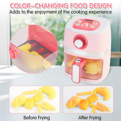 Play Kitchen Accessories, Pretend Kitchen Appliances Set with Toy Air Fryer for Kids with Sound and Lighting, Color-Changing Play Food, Birthday Gift for Boys and Girls Ages 3-5 4-8,Pink
