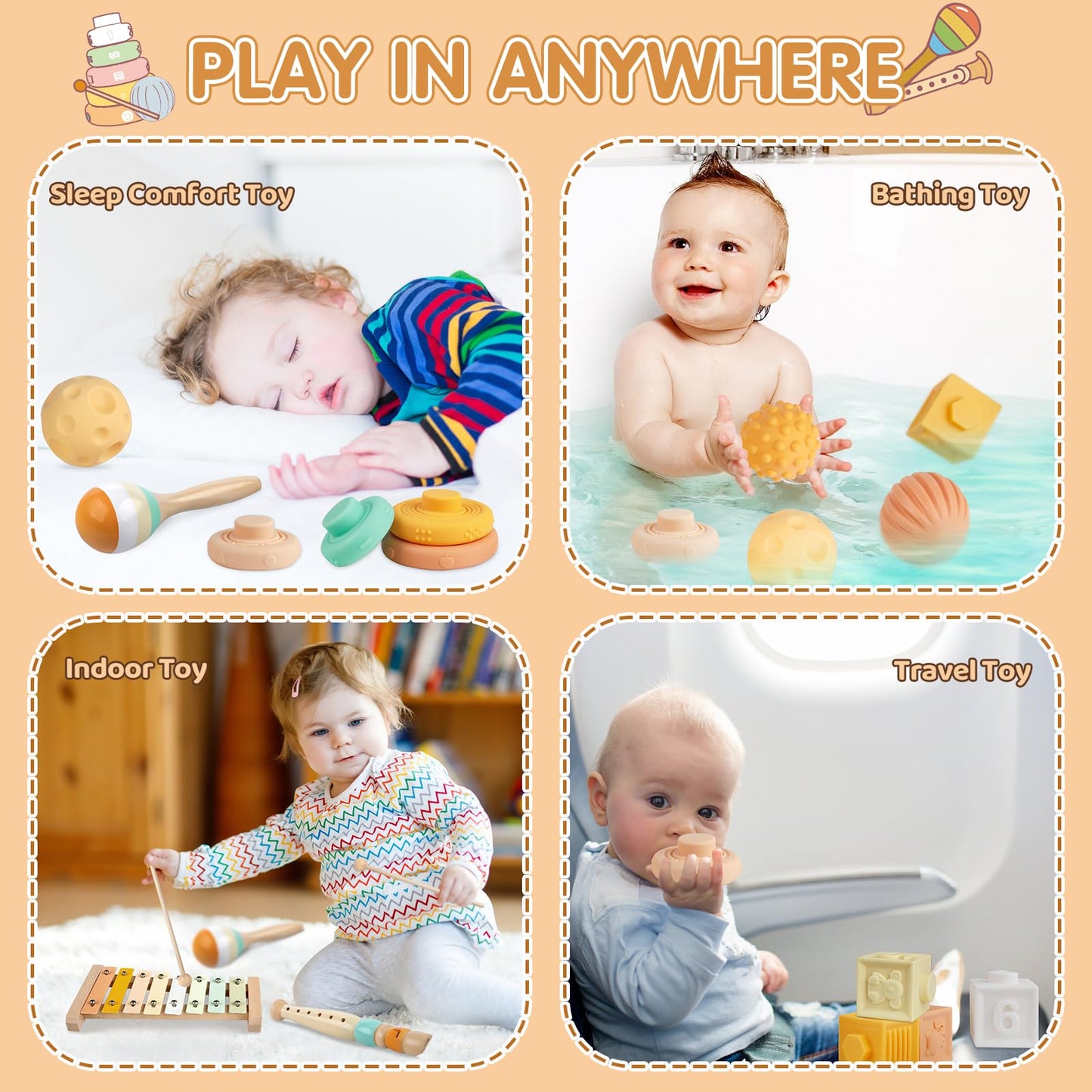 Wuzhineisn Baby Toys 6-12 Months Montessori Toys 6 in 1 Musical Instruments for Toddler, Stacking Blocks Development Learning Educational Toy with Wooden Xylophone Infant Baby Birthday Easter Gift