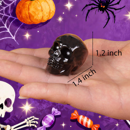 Black Obsidian Crystal Skull, 1.4 Inch Miniature Hand Carved Reiki Healing Pocket Stone, Small Collectible Skull Figurine for Altar Home Office Decor, Crystal Statue Meditation Gift for Men Women